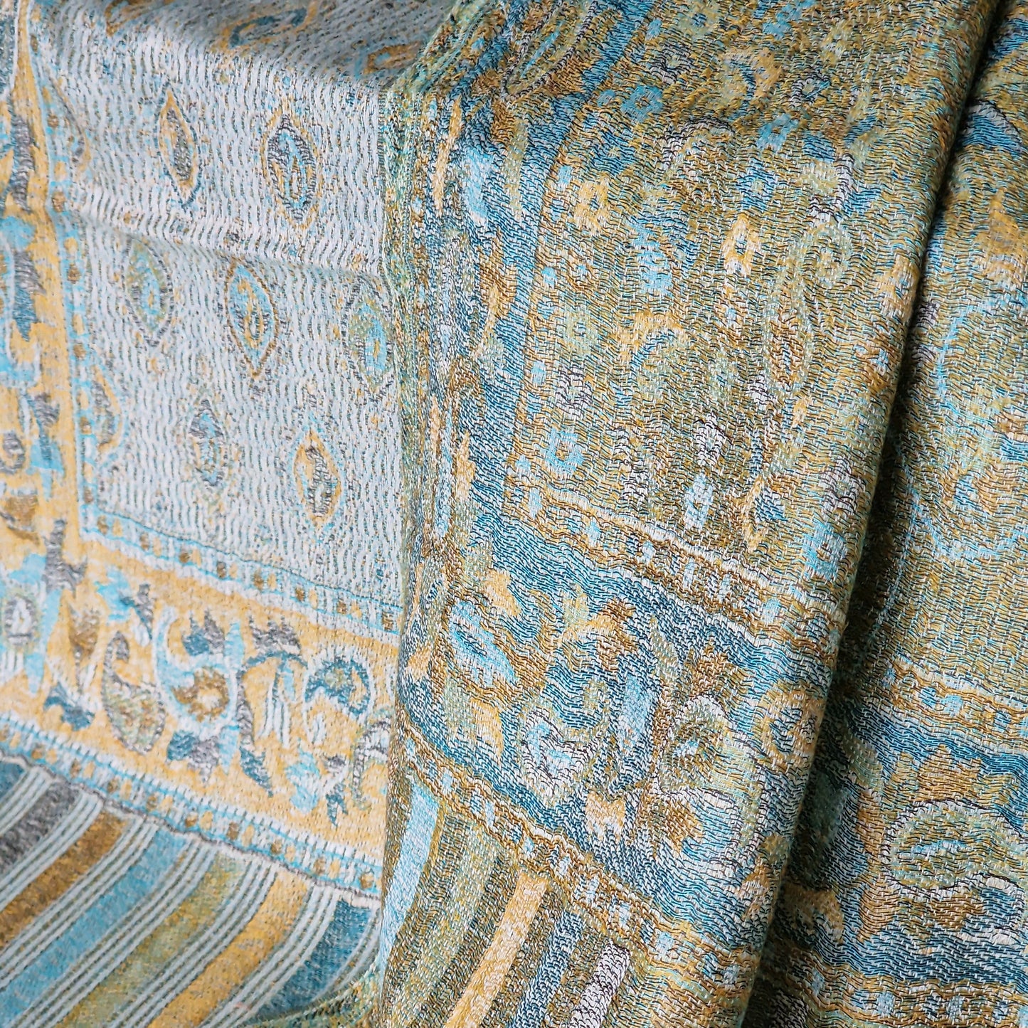 Exotic Kashmir Reversible Jamawar Kani Shawl - Eucalyptus Leaf