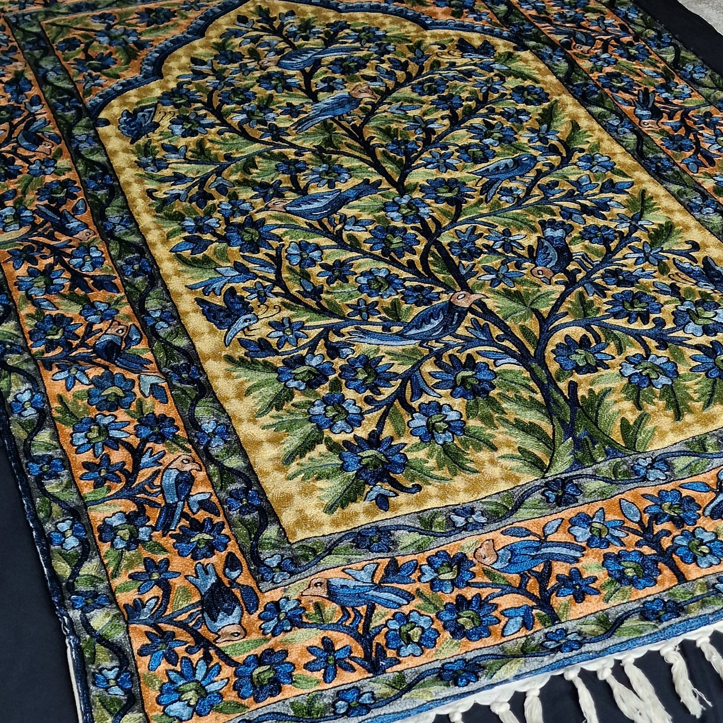 Kashmir Chain-Stitch Handmade Tree Of Life Silk Tapestry