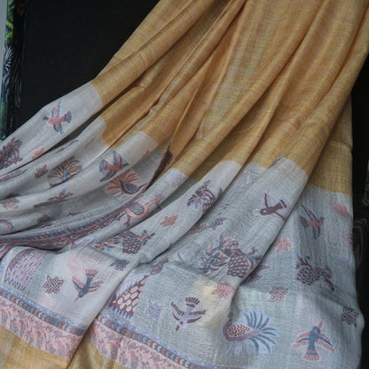 Authentic Luxury Soft Kashmir Border Kani Weave Pashminas - Dusty yellow