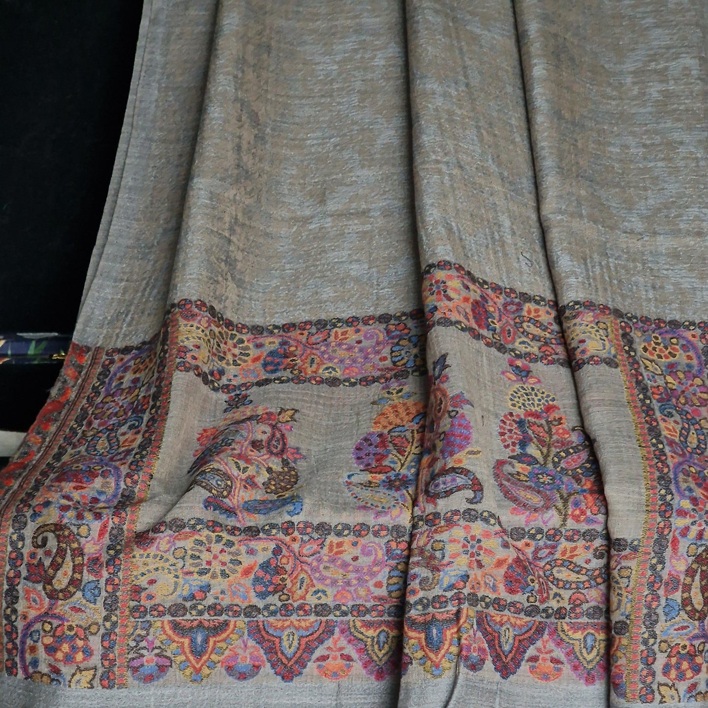 Authentic Soft Kashmir Border Kani Weave Pashmina - Smoky Grey Flora