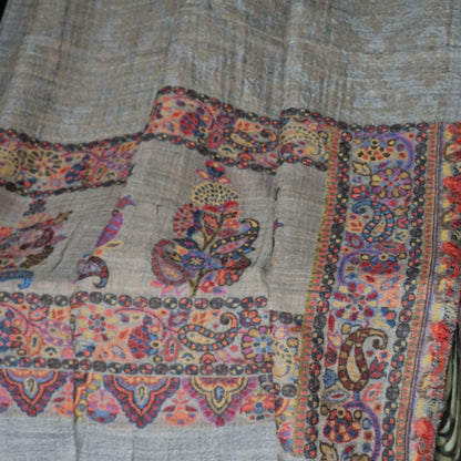 Authentic Soft Kashmir Border Kani Weave Pashmina - Smoky Grey Flora