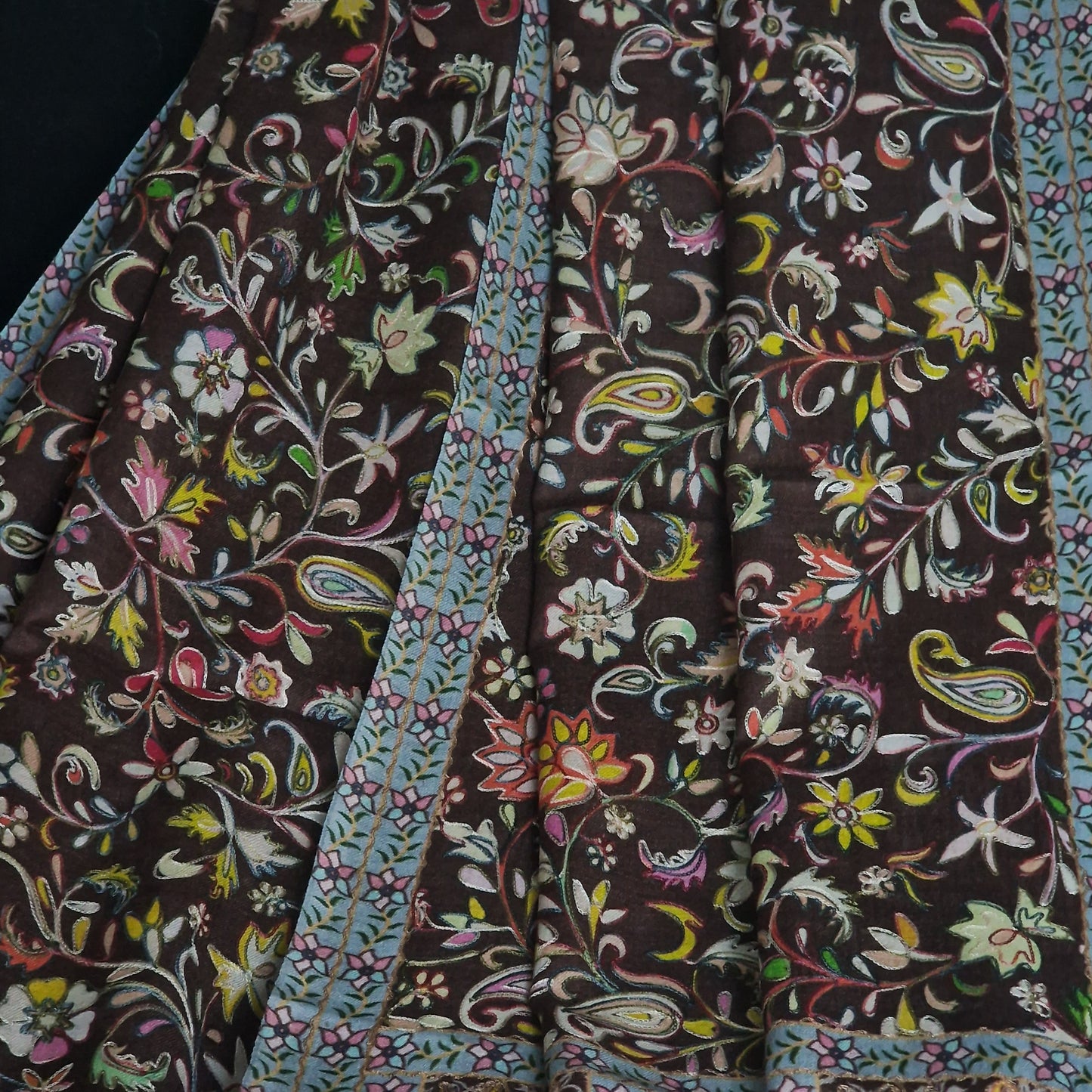 Soft Kashmir Pashmina Kalamkari Cashmere Stole - Chocolate Brown